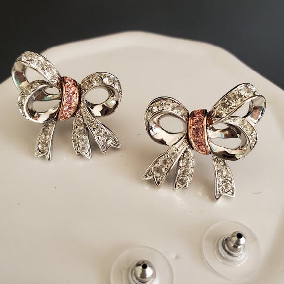 Nolan Miller Darling Bow Earrings Glamour Collection Silver Plate Rose Gold NIB - Picture 3 of 7